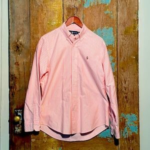 Pink and white striped polo button down